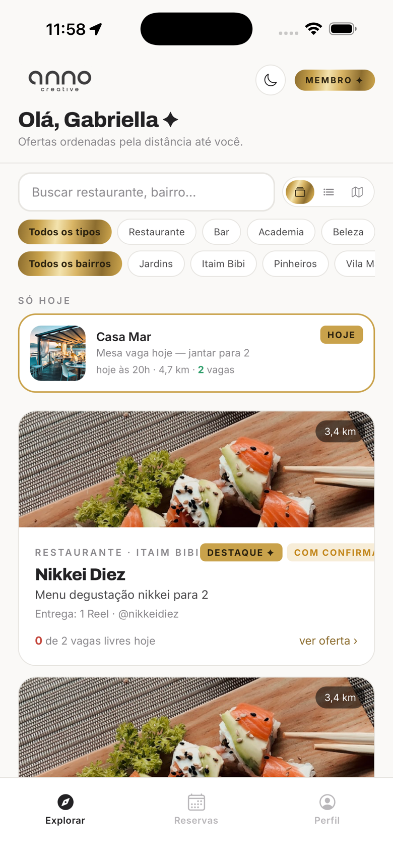 Feed de ofertas do app com filtros por bairro e tipo