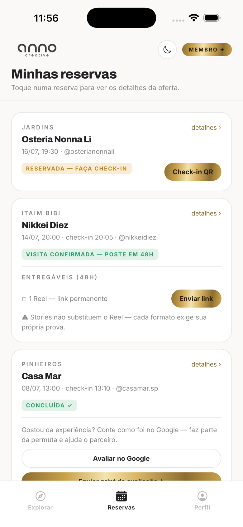 Reservas com checklist de entregáveis em 48h