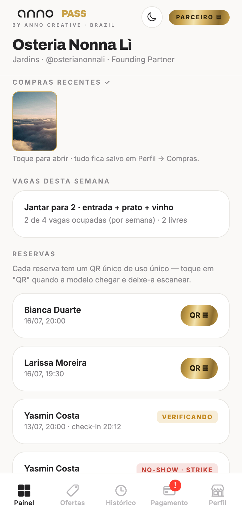 Painel do parceiro com QR único por reserva